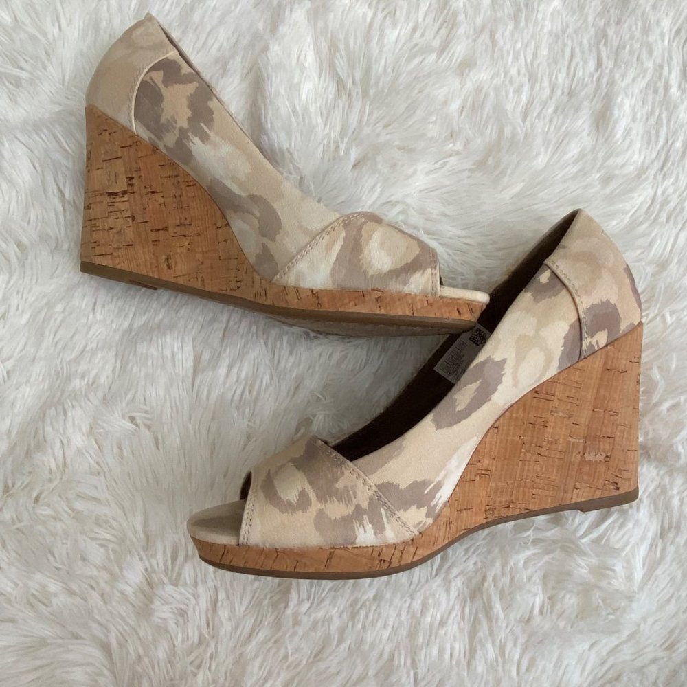 Tom's White and Earthy Toned Camo Peep Toe Cork Wedge